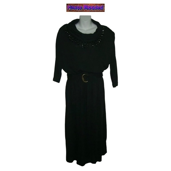 Vintage 80's Stuart Alan Black Belted Dress W Beaded Fringe Cowl Neck Plus Sz 16 - Picture 1 of 13